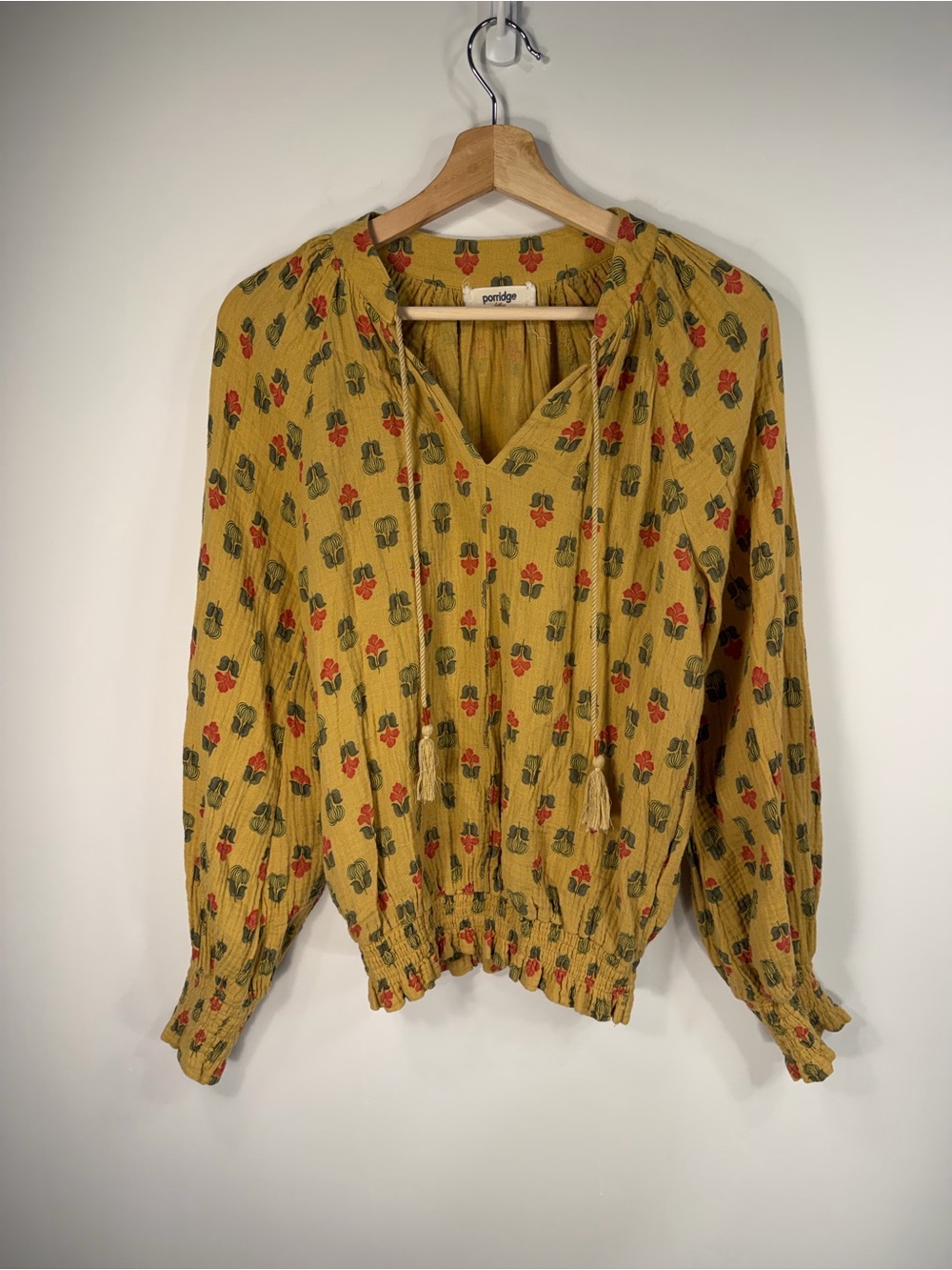 Mustard Floral Tie-Neck Blouse by Porridge